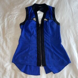 XOXO Royal Blue Black Colorblock Zip Front Cut Out Keyhole Back Top Med 3220BRZ8